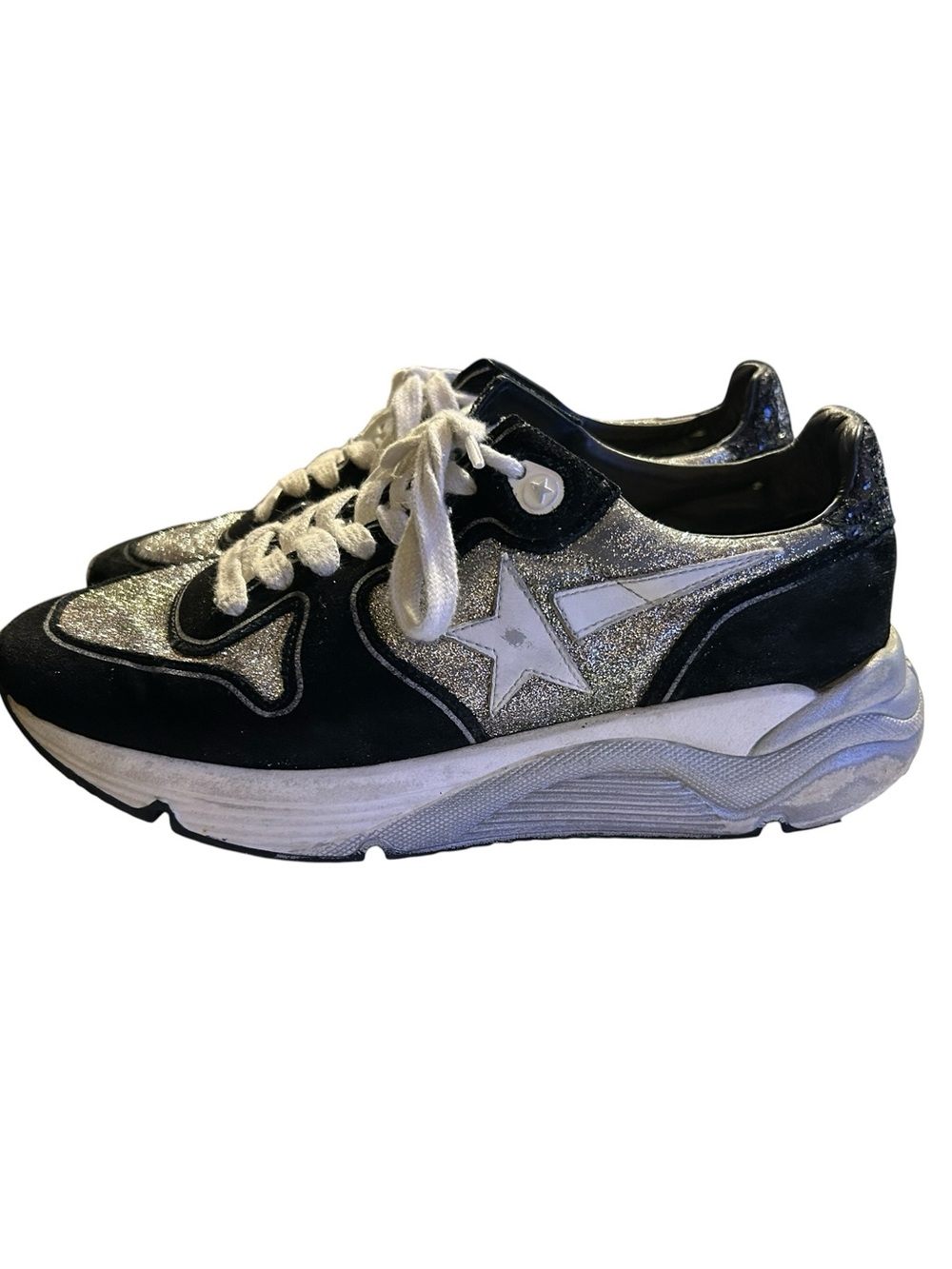 Golden Goose Running Sneakers BLK/SIL Glitter Lived-In/Distressed Luxe Sz 38 / 8 - Picture 5 of 16